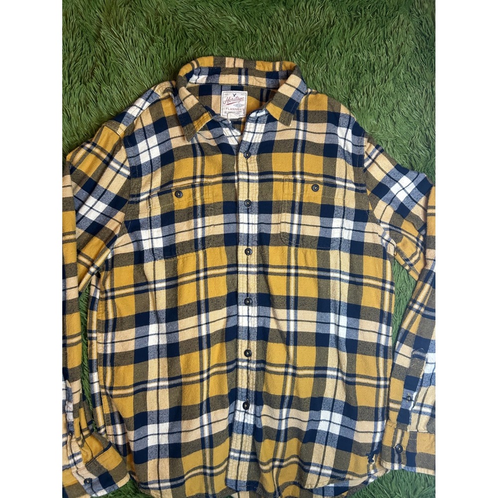 American Eagle Button Down Mens Large Yellow Heritage Flannel Plaid Long Sleeve